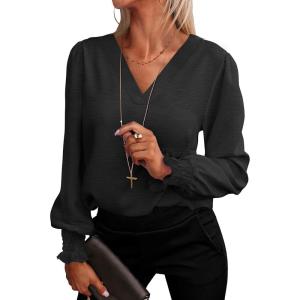 imageANRABESS Womens Business Casual Tops V Neck Puff Long Sleeve Shirts Dressy Office Work Blouse 2026 Fall Outfits ClothesBlack