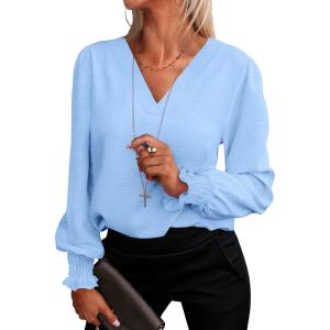 imageANRABESS Womens Business Casual Tops V Neck Puff Long Sleeve Shirts Dressy Office Work Blouse 2026 Fall Outfits ClothesBright Bblue