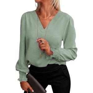 imageANRABESS Womens Business Casual Tops V Neck Puff Long Sleeve Shirts Dressy Office Work Blouse 2026 Fall Outfits ClothesLight Green