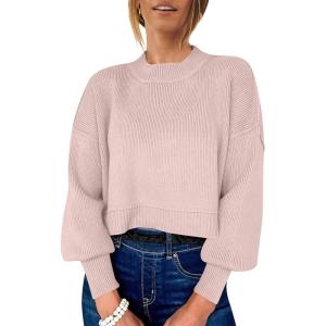 imageANRABESS Womens Cropped Sweaters Oversized Crewneck Long Batwing Sleeve Side Slit Ribbed Knit Pullover Tops 2025 Fall ClothesPink