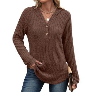 imageANRABESS Womens Long Sleeve Henley Tops Ribbed Knit Hoodie Shirts 2026 Spring Loose Fit Lightweight Hooded SweatersBrown