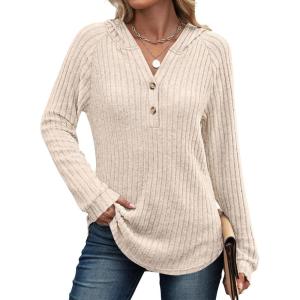 imageANRABESS Womens Long Sleeve Henley Tops Ribbed Knit Hoodie Shirts 2026 Spring Loose Fit Lightweight Hooded SweatersLight Khaki