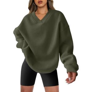 imageANRABESS Womens Oversized V Neck Sweatshirt Fleece Long Sleeve Hoodies Pullover Comfy Top 2026 Outfits Teen Preppy ClothesArmy Green