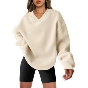 imageANRABESS Womens Oversized V Neck Sweatshirt Fleece Long Sleeve Hoodies Pullover Comfy Top 2026 Outfits Teen Preppy ClothesBeige