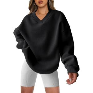 imageANRABESS Womens Oversized V Neck Sweatshirt Fleece Long Sleeve Hoodies Pullover Comfy Top 2026 Outfits Teen Preppy ClothesBlack