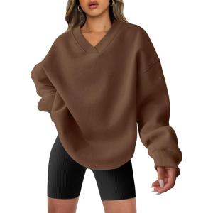 imageANRABESS Womens Oversized V Neck Sweatshirt Fleece Long Sleeve Hoodies Pullover Comfy Top 2026 Outfits Teen Preppy ClothesCoffee