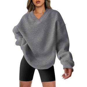 imageANRABESS Womens Oversized V Neck Sweatshirt Fleece Long Sleeve Hoodies Pullover Comfy Top 2026 Outfits Teen Preppy ClothesDark Grey