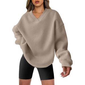 imageANRABESS Womens Oversized V Neck Sweatshirt Fleece Long Sleeve Hoodies Pullover Comfy Top 2026 Outfits Teen Preppy ClothesLight Brown