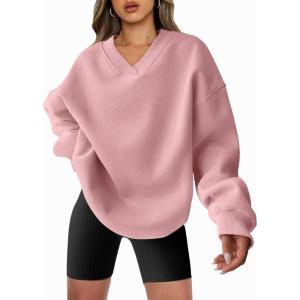 imageANRABESS Womens Oversized V Neck Sweatshirt Fleece Long Sleeve Hoodies Pullover Comfy Top 2026 Outfits Teen Preppy ClothesLight Pink