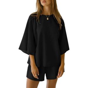 imageANRABESS Womens Pajama Sets 34 Sleeve Oversized Tops and Elastic Waist Shorts Lounge Sets LoungewearBlack