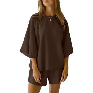 imageANRABESS Womens Pajama Sets 34 Sleeve Oversized Tops and Elastic Waist Shorts Lounge Sets LoungewearCoffee