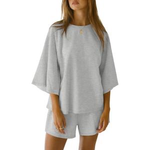 imageANRABESS Womens Pajama Sets 34 Sleeve Oversized Tops and Elastic Waist Shorts Lounge Sets LoungewearGray