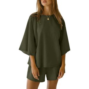 imageANRABESS Womens Pajama Sets 34 Sleeve Oversized Tops and Elastic Waist Shorts Lounge Sets LoungewearGreen