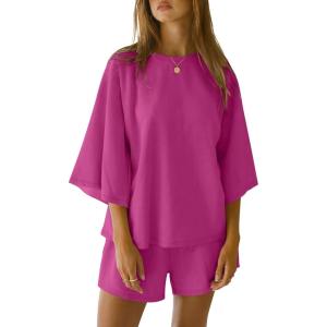 imageANRABESS Womens Pajama Sets 34 Sleeve Oversized Tops and Elastic Waist Shorts Lounge Sets LoungewearHot Pink