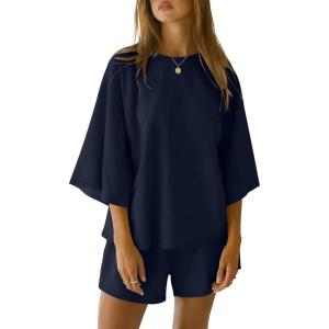 imageANRABESS Womens Pajama Sets 34 Sleeve Oversized Tops and Elastic Waist Shorts Lounge Sets LoungewearNavy