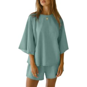 imageANRABESS Womens Pajama Sets 34 Sleeve Oversized Tops and Elastic Waist Shorts Lounge Sets LoungewearSage Green