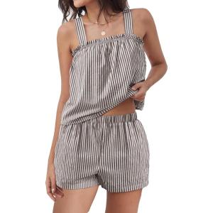 imageANRABESS Womens Pajama Sets Striped 2 Piece Pjs Summer Ruffle Cute Tank Top and Shorts Sleepwear 2026 Comfy Soft Lounge SetsBrown White Stripe