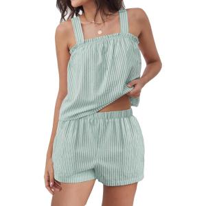 imageANRABESS Womens Pajama Sets Striped 2 Piece Pjs Summer Ruffle Cute Tank Top and Shorts Sleepwear 2026 Comfy Soft Lounge SetsGreen White Stripe