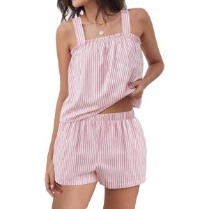imageANRABESS Womens Pajama Sets Striped 2 Piece Pjs Summer Ruffle Cute Tank Top and Shorts Sleepwear 2026 Comfy Soft Lounge SetsPink White Stripe