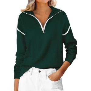 imageANRABESS Womens Quarter Zip Sweaters Fall Long Sleeve V Neck Shirts Collared Business Casual Tops Knit Pullover SweatshirtsDark Green