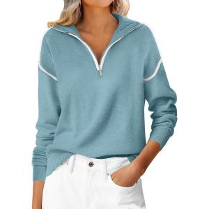 imageANRABESS Womens Quarter Zip Sweaters Fall Long Sleeve V Neck Shirts Collared Business Casual Tops Knit Pullover SweatshirtsLight Blue