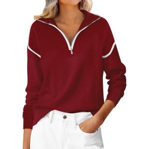 imageANRABESS Womens Quarter Zip Sweaters Fall Long Sleeve V Neck Shirts Collared Business Casual Tops Knit Pullover SweatshirtsRed