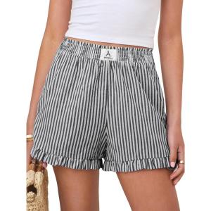 imageANRABESS Womens Ruffle Boxer Shorts Pajama Gingham Shorts Summer Casual Lounge Sleep Plaid Beach Bottoms Pockets 2026 TrendyBlack White Stripe