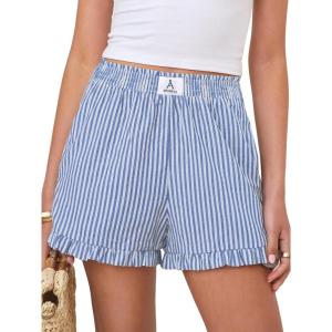 imageANRABESS Womens Ruffle Boxer Shorts Pajama Gingham Shorts Summer Casual Lounge Sleep Plaid Beach Bottoms Pockets 2026 TrendyBlue White Stripe