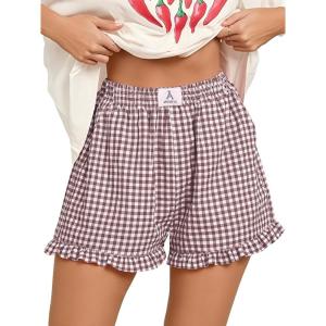 imageANRABESS Womens Ruffle Boxer Shorts Pajama Gingham Shorts Summer Casual Lounge Sleep Plaid Beach Bottoms Pockets 2026 TrendyBrown White Plaid
