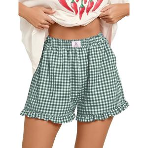 imageANRABESS Womens Ruffle Boxer Shorts Pajama Gingham Shorts Summer Casual Lounge Sleep Plaid Beach Bottoms Pockets 2026 TrendyDeep Green White Plaid