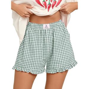 imageANRABESS Womens Ruffle Boxer Shorts Pajama Gingham Shorts Summer Casual Lounge Sleep Plaid Beach Bottoms Pockets 2026 TrendyGreen White Plaid