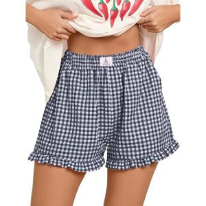 imageANRABESS Womens Ruffle Boxer Shorts Pajama Gingham Shorts Summer Casual Lounge Sleep Plaid Beach Bottoms Pockets 2026 TrendyNavy Blue White Plaid