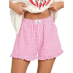 imageANRABESS Womens Ruffle Boxer Shorts Pajama Gingham Shorts Summer Casual Lounge Sleep Plaid Beach Bottoms Pockets 2026 TrendyPink White Plaid