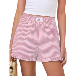 imageANRABESS Womens Ruffle Boxer Shorts Pajama Gingham Shorts Summer Casual Lounge Sleep Plaid Beach Bottoms Pockets 2026 TrendyPink White Stripe