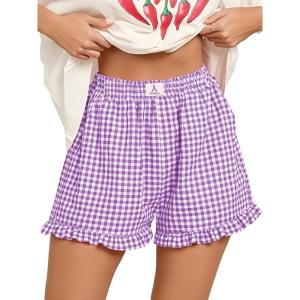 imageANRABESS Womens Ruffle Boxer Shorts Pajama Gingham Shorts Summer Casual Lounge Sleep Plaid Beach Bottoms Pockets 2026 TrendyPurple White Plaid