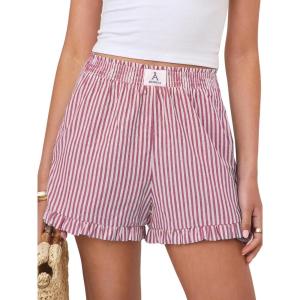 imageANRABESS Womens Ruffle Boxer Shorts Pajama Gingham Shorts Summer Casual Lounge Sleep Plaid Beach Bottoms Pockets 2026 TrendyRed White Stripe