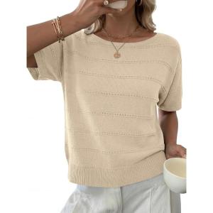 imageANRABESS Womens Short Sleeve Sweater Crochet Boat Neck Lightweight Business Casual Tops 2026 Summer Beach Vacation ClothesBeige