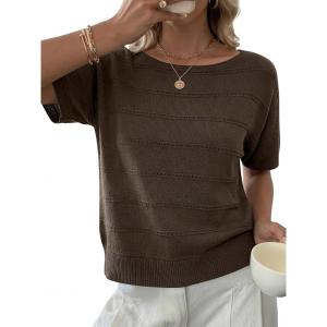 imageANRABESS Womens Short Sleeve Sweater Crochet Boat Neck Lightweight Business Casual Tops 2026 Summer Beach Vacation ClothesBrown
