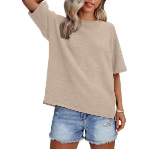 imageANRABESS Womens Short Sleeve Sweater Oversized Lightweight Business Casual Tops Crewneck Soft Knit 2026 Spring Summer OutfitsBeige