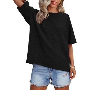 imageANRABESS Womens Short Sleeve Sweater Oversized Lightweight Business Casual Tops Crewneck Soft Knit 2026 Spring Summer OutfitsBlack