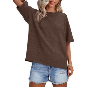 imageANRABESS Womens Short Sleeve Sweater Oversized Lightweight Business Casual Tops Crewneck Soft Knit 2026 Spring Summer OutfitsNutmeg