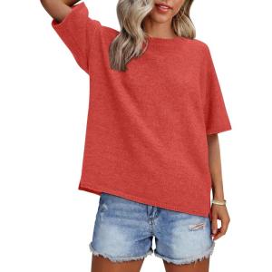 imageANRABESS Womens Short Sleeve Sweater Oversized Lightweight Business Casual Tops Crewneck Soft Knit 2026 Spring Summer OutfitsOrange