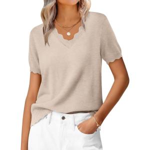 imageANRABESS Womens Short Sleeve Sweater V Neck Ribbed Knit Lightweight Sweaters Tops 2026 Spring Summer Business Casual OutfitsAlmond