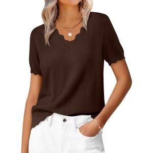 imageANRABESS Womens Short Sleeve Sweater V Neck Ribbed Knit Lightweight Sweaters Tops 2026 Spring Summer Business Casual OutfitsCoffee