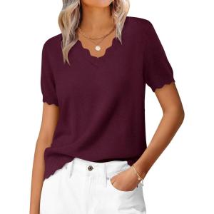 imageANRABESS Womens Short Sleeve Sweater V Neck Ribbed Knit Lightweight Sweaters Tops 2026 Spring Summer Business Casual OutfitsDrak Red