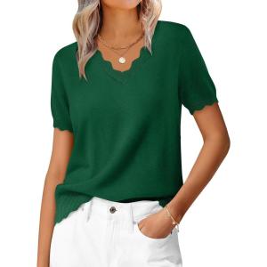imageANRABESS Womens Short Sleeve Sweater V Neck Ribbed Knit Lightweight Sweaters Tops 2026 Spring Summer Business Casual OutfitsForest Green