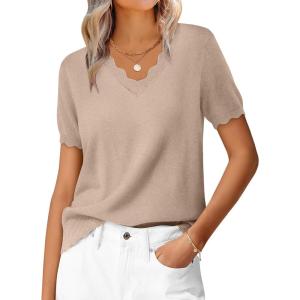 imageANRABESS Womens Short Sleeve Sweater V Neck Ribbed Knit Lightweight Sweaters Tops 2026 Spring Summer Business Casual OutfitsTan