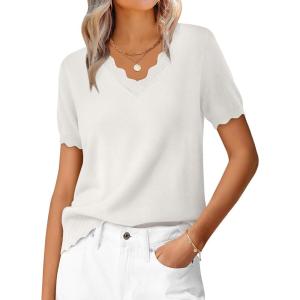 imageANRABESS Womens Short Sleeve Sweater V Neck Ribbed Knit Lightweight Sweaters Tops 2026 Spring Summer Business Casual OutfitsWhite