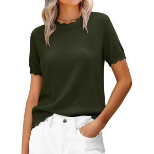 imageANRABESS Womens Short Sleeve Sweater Wool Blend Scalloped Cute Summer Dressy Tops Business Casual Loose Vacation Outfits 2026Army Green