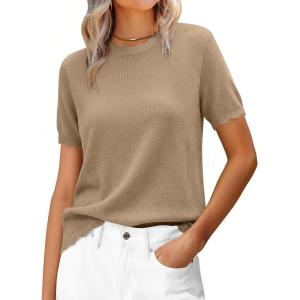 imageANRABESS Womens Short Sleeve Sweater Wool Blend Scalloped Cute Summer Dressy Tops Business Casual Loose Vacation Outfits 2026Khaki